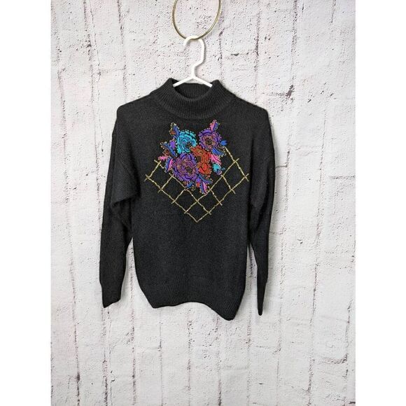 Santoria Vintage‎ 90'S  Black Beaded Embellished Cotton Ramie Pullover Sweater M - Picture 1 of 5